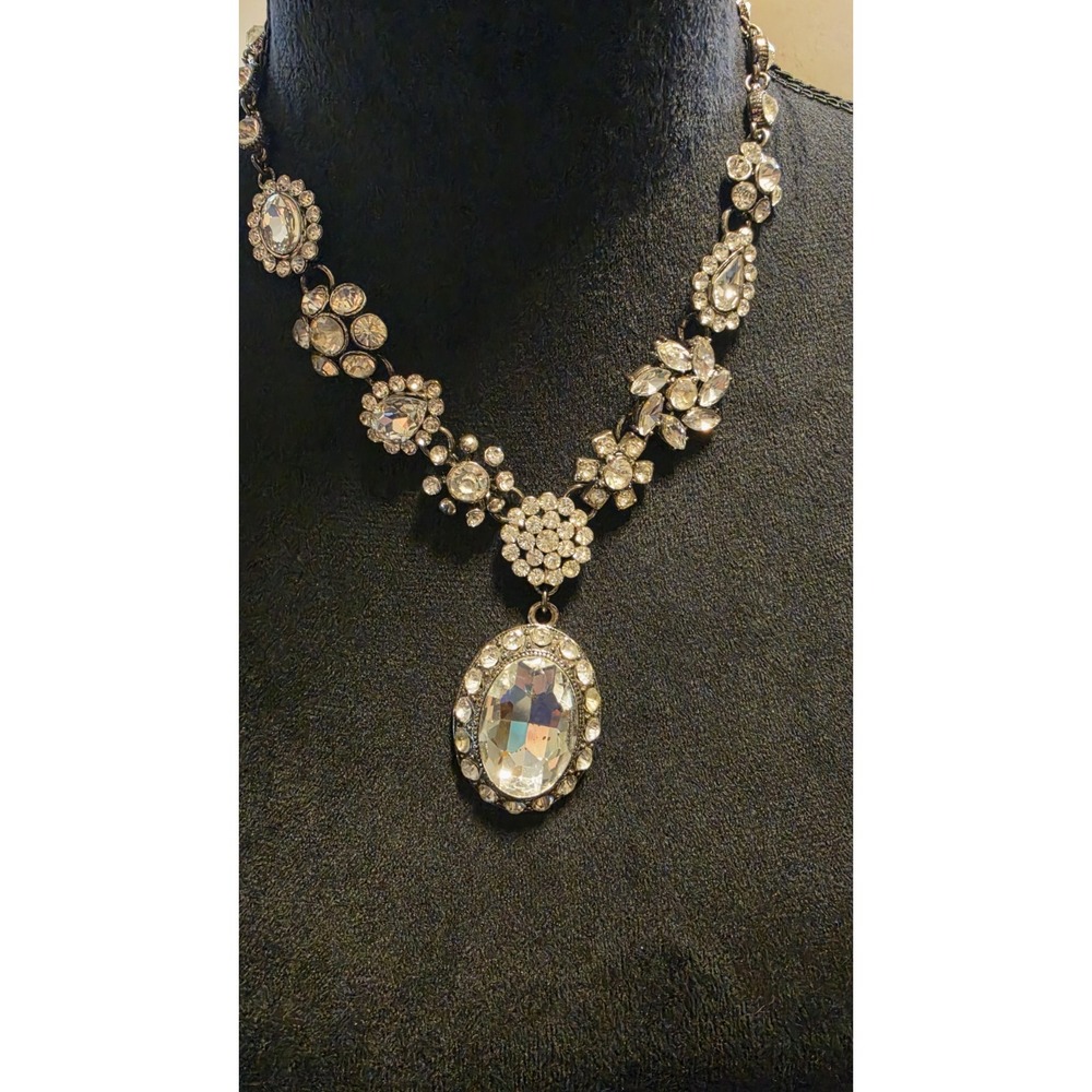 Vintage Rhinestone Flower Statement Gunmetal Necklace Large Oval Crystal Pendant